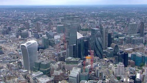 Aerial shot overhead the finance district in London city center, United Kingdom