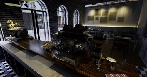 Modern Cafe Interior with Stylish Decor and Equipment in a Cozy Atmosphere