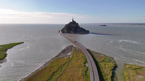 Bird's-eye view of Mont-Saint-Michel tidal island in Normandy, France