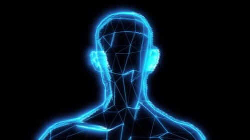 Futuristic Digital Wireframe Human Head Rotating with Glitch Effect
