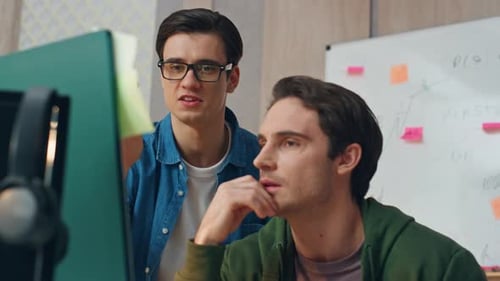 Positive Freelancers Working Computer at Room Closeup Colleagues Brainstorming