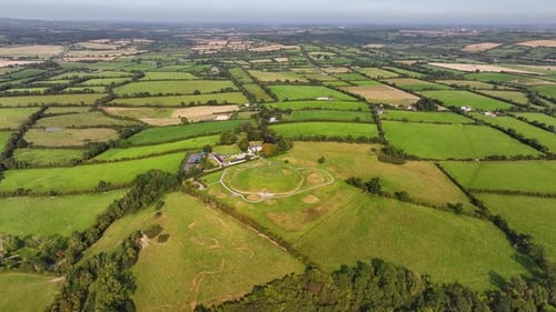 Birds eye view of Knowth, Ireland. Neolithic historic site of passage tomb and mounds. Ireland