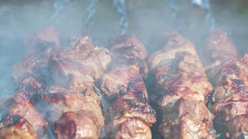 Bbq Meat Grilling on Charcoal Grill. Close Up Smoke Over Meat Barbecue