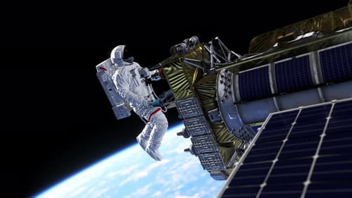 Astronaut Working on Space Station in Orbit Above Earth