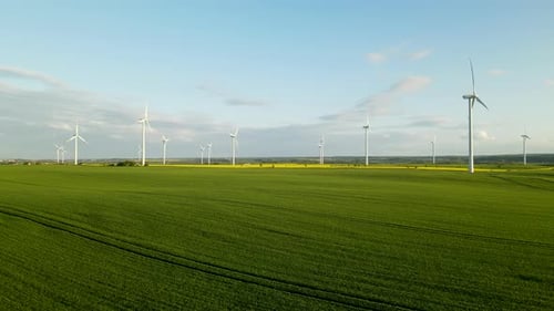 Drone Flies Over a Windmill Park on a sunny day. Aerial View of a Farm With Wind Turbines Standing o