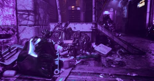 Urban Alley Filled with Trash and Neon Lights During the Night