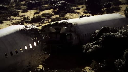 Crashed Airplane Wreckage in Desert Environment