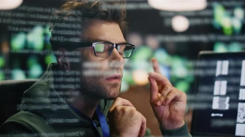 Inspired Software Developer Working Computer in Room Data Reflection Closeup