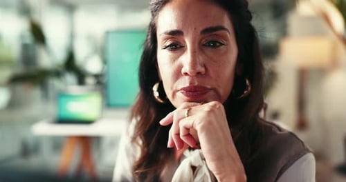 Woman, digital designer and thinking with computer for website, planning