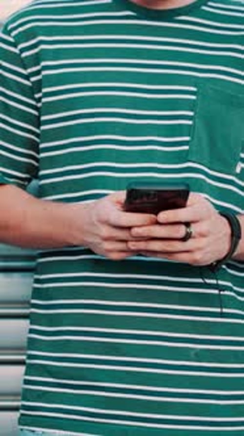 Typing, people outdoor or hands with phone for social media, summer fashion trends or text message