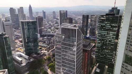 Drone shot of banking area / financial district in Frankfurt am Main, Germany