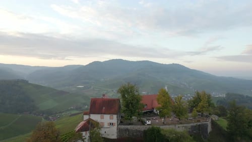 Fly over Staufenbergcastle and reveal scenic town Durbach with its vineyards