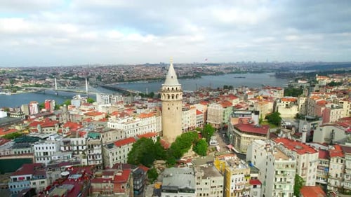 Aerial drone view of Istanbul, Turkey. Multiple residential buildings around the Galata tower, Golde