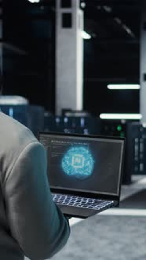 Vertical Video IT Expert Walking in Server Hub Using Laptop to Enhance AI Model Accuracy