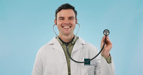 Doctor, man and face with stethoscope in studio for heartbeat, healthcare services or cardiology