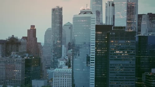 Aerial view of NYC skyline in the late evening.