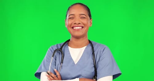 Healthcare, portrait and nurse woman on green screen with arms crossed and pride