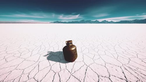 Old Rusted Danger Gas Container on Salt Lake