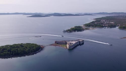Aerial view of St. Nicholas fortress, canal, Adriatic sea in Croatia.