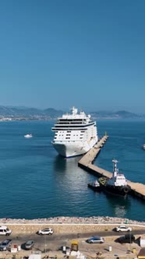 Vertical Video Big White Cruise Ship is Standing in the Port