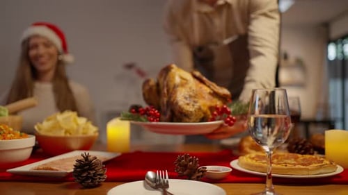 Christmas dinner party with roasted turkey, Big family celebrating Christmas together