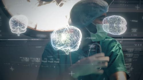 Surgeon with Brain Scan Overlay in Hospital