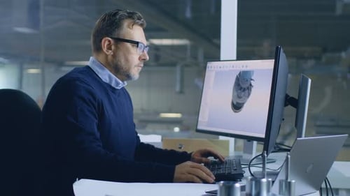 Senior Male Engineer Works on 3D Turbine/ Engine Design on His Personal Computer with Help of Cad S