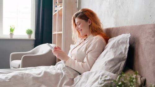 Caucasian Girl Happy Smiling Chatting in Cellphone in Morning Gadget Addict Woman Influencer Female