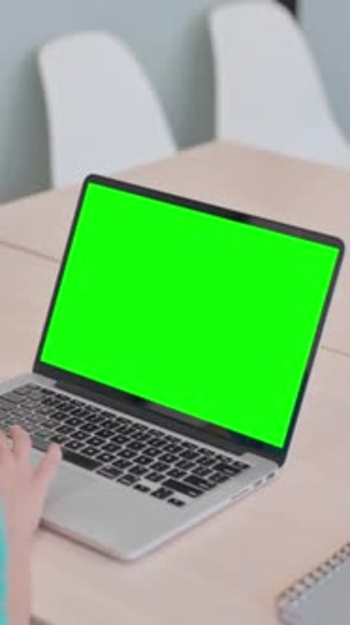 Indian Woman Using Laptop with Green Screen, vertical