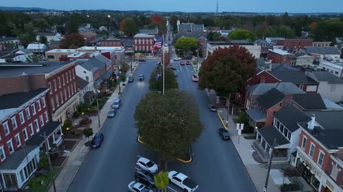 American Town Avenue Displaying United States Flag