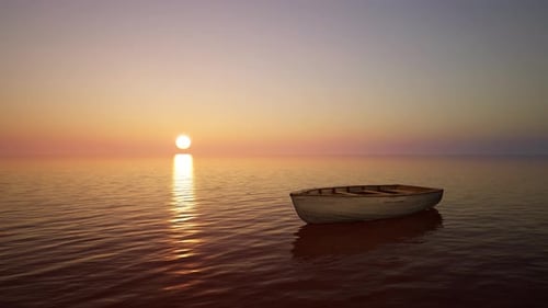 Peaceful Sunset Over Calm Ocean with Small Boat