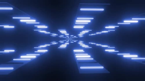 Futuristic neon tunnel with glowing blue lights in motion