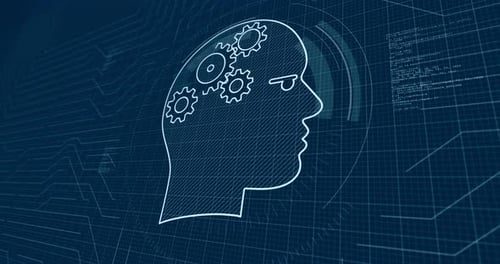 Animated Blueprint Human Head with Rotating Gears and Data Display