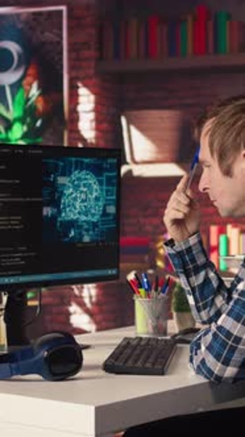 AI Software Developer at Computer Waiting for Code to Finish Compiling