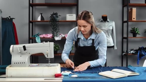 Woman Dressmaker Drawing Pattern on Fabric Use Chalk Measure Tape Sewing Clothes Tailoring Atelier