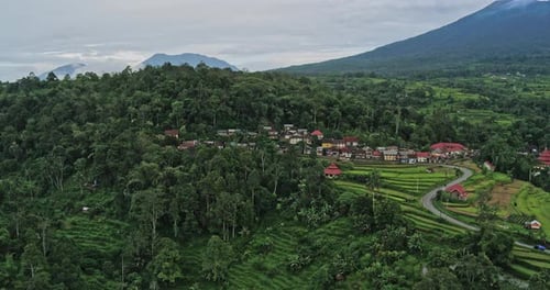 Aerial view of the panorama of the village on the mountain slopes