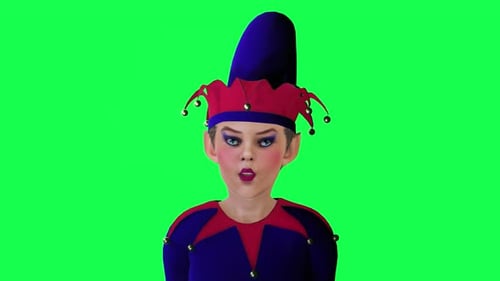 cute blue elf talking front angle on green screen