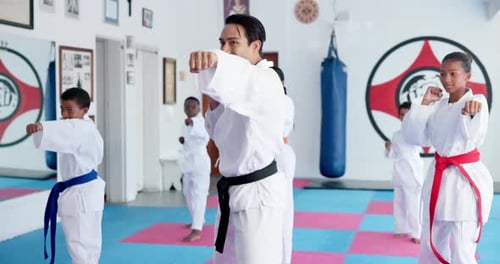 Karate Class Practicing Punches in Gym