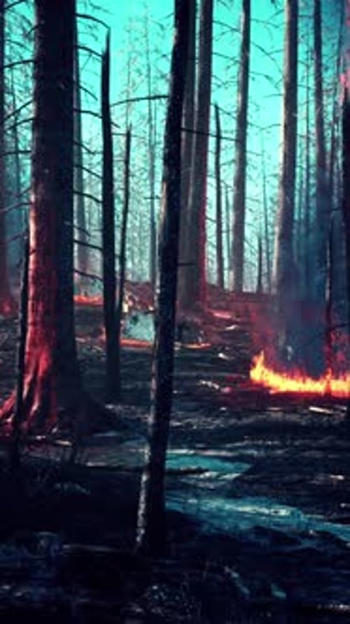 Forest Fire with Fallen Tree is Burned to the Ground