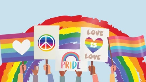 Animated Diverse Hands Holding Pride Signs with Rainbow Background