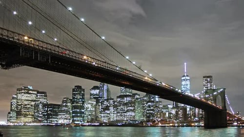 View Of Brooklyn Bridge And Manhattan At Night, Time Lapse
