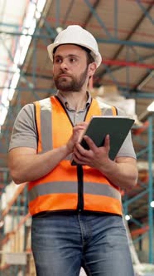 Tablet, man walk and warehouse worker thinking of inventory inspection, shipping or logistics