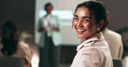 Face, presentation and business woman in workshop for training conference, meeting and event