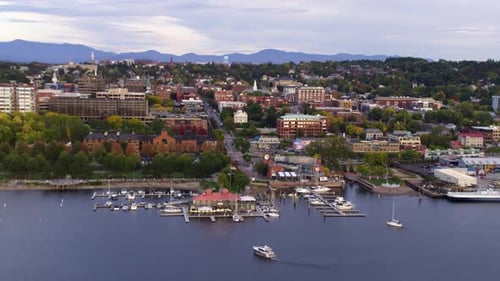 Burlington Vermont, Sunset Flying Aerial Drone Shot New England Slow Motion