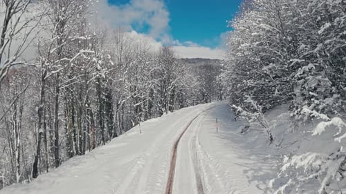 Winter Landscape with Snowy Road from Drone