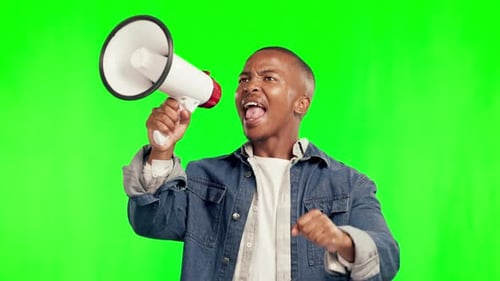 Megaphone, broadcast and African man voice on green screen png for speaking