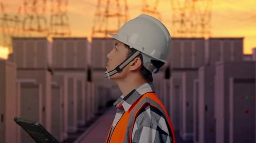 Close Up Side View Of Asian Male Engineer Looking At The Tablet In His Hand with High Voltage Power