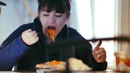 Indulging in Solitude Woman Savoring a Bountiful Meal at Home