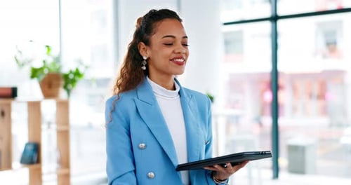Tablet, handshake and business woman welcome, greeting or deal, partnership or office meeting