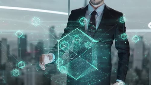 Business Professional Interacting with Futuristic AI Technology Hologram